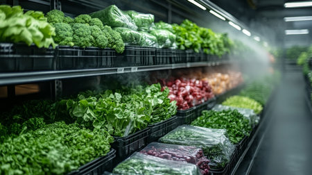 Vegetables Arranged in Organized Storage Racks Within a Cold Storage Facility for Perishable Goods Management Generative AIの素材