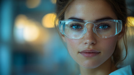 Woman Wearing Safety Glasses at a Warehouse Facility Focused on Logistics and Sustainable Materials Management During Daylight Hours Generative AIの素材