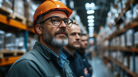 Logistics Professionals Inspecting Inventory in a Modern Warehouse Facility During Work Hours Generative AIの素材