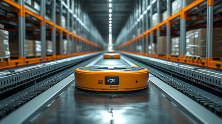 Automated Robots Navigate Through a Busy Logistics Warehouse for Efficient Inventory Sorting and Storage Operations Generative AIの素材