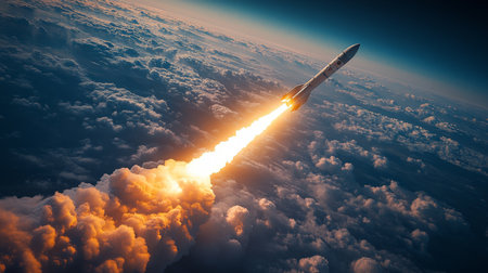 Rocket Launches Into Space, Powering Through Clouds at High Velocity to Deliver Payload to Orbit During a Clear Atmospheric Condition Generative AIの素材