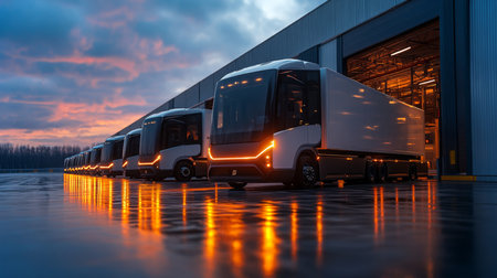 Logistics Hub at Dusk With Electric Trucks Ready for Freight Loading in a Modern Warehouse Generative AIの素材