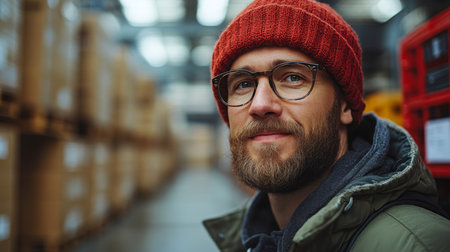 Professional Working in a Logistics Warehouse Focused on Sustainable Practices and Efficient Inventory Management in a Modern Distribution Center Generative AIの素材