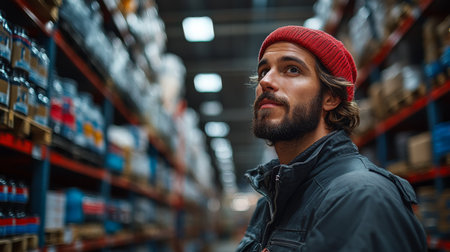Man Inspecting Inventory in a Busy Warehouse Focused on Logistics and Distribution Operations During Daytime Hours Generative AIの素材
