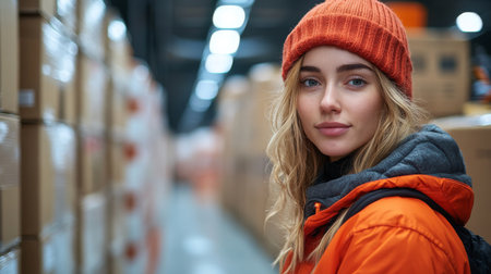 Warehouse Logistics Worker in Orange Coat and Red Hat Manages Inventory in a Busy Distribution Center Generative AIの素材