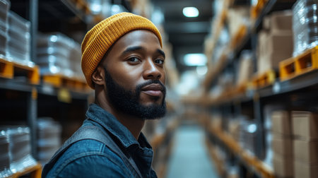 Worker in a Warehouse Focusing on Inventory Management and Logistics Amid Shelves Filled With Packaged Goods Generative AIの素材
