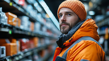 Worker in an Orange Jacket and Hat Managing Inventory in a Logistics Warehouse During Evening Hours Generative AIの素材