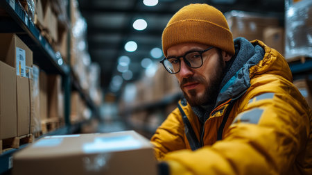 A Dedicated Worker is Efficiently Organizing Packages in a State Of The Art Warehouse During the Evening Hours, Showcasing the Capabilities of Generative AI Technology in Modern Logisticsの素材