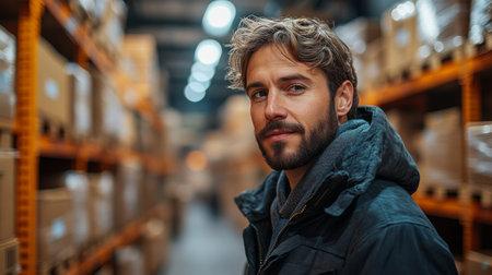 Skilled Worker Managing Logistics and Inventory in a Spacious Warehouse Setting During Peak Distribution Hours Generative AIの素材