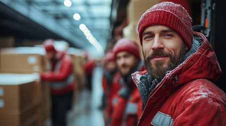 Team of Workers in Red Jackets Efficiently Managing Cargo in a Large Warehouse During Winter Months Generative AIの素材
