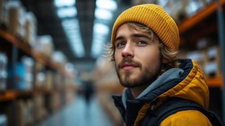 Warehouse Worker Assessing Inventory and Logistics Operations in a Storage Facility During Daytime Hours Generative AIの素材
