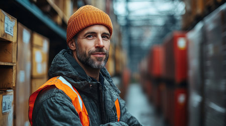 Warehouse Worker Overseeing Logistics Operations in a Busy Distribution Hub During Peak Hours Generative AIの素材