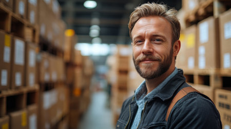 Professional Warehouse Manager in Logistics Hub Overseeing Inventory and Sorting Operations in a Distribution Center Generative AIの素材