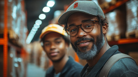 Professional Men Smiling in a Warehouse Setting Alongside Inventory Storage, Showcasing Teamwork and Logistics Operations During Working Hours Generative AIの素材
