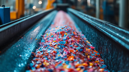 Colorful Materials Being Processed for Recycling in a Modern Logistics Warehouse Focused on Sustainability and Efficient Waste Management Generative AIの素材