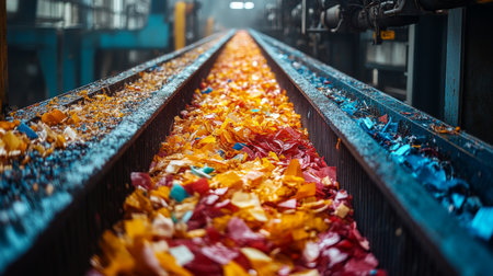 Vibrant Materials on Conveyor Belt for Recycling in a Modern Warehouse Focused on Sustainability and Waste Management Solutions Generative AIの素材