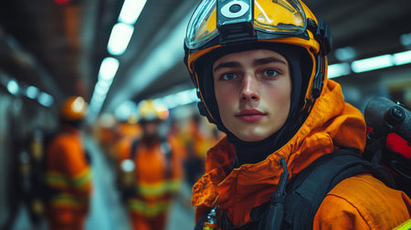 Young Rescue Worker in Bright Orange Uniform Prepares for Logistics and Transportation Task in Underground Facility With Automated Systems Generative AIの素材