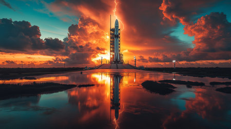 Rocket Standing Tall on Launch Pad Illuminated by Vibrant Sunset With Storm Clouds and Lightning in the Background During a Spaceflight Mission Preparation Generative AIの素材