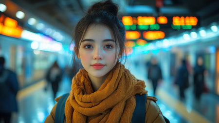 Young Woman With Warm Scarf Waiting at Busy Urban Transportation Hub During Evening Rush Hour Generative AIの素材