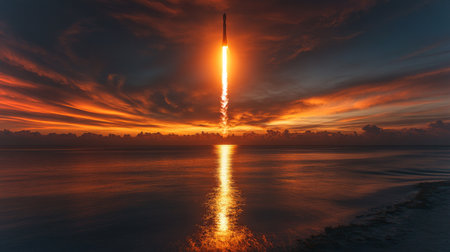 Rocket Launches Into the Evening Sky, Illuminating the Horizon as It Ascends Toward Orbit With Incredible Propulsion and Power Generative AIの素材