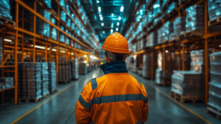Warehouse Worker Overseeing Inventory Management in a Modern Logistics Facility During Daytime Operations Generative AIの素材