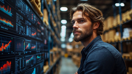 Efficient Analysis of Inventory Data by Logistics Professional in a Modern Warehouse Environment Focused on Optimizing Distribution Processes Generative AIの素材