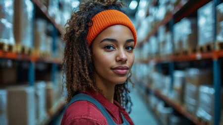 Professional Woman Working in a Warehouse During the Day Overseeing Inventory and Logistics Processes While Managing Storage and Freight Operations Generative AIの素材