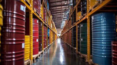 Colorful Storage Drums Lined up in a Spacious Warehouse Designed for Efficient Logistics and Inventory Management Generative AIの素材