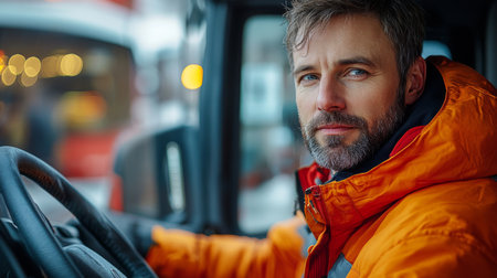 Logistics Professional in a Warm Orange Jacket Operating a Truck at a Distribution Hub During Busy Hours Generative AIの素材