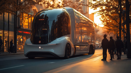 Innovative Electric Truck Navigating Through a Bustling Urban Street During Sunset Hours Generative AIの素材