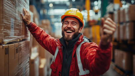 Worker Celebrates Successful Inventory Management in a Bustling Warehouse Environment Filled With Stacked Cargo and Efficient Logistics Operations Generative AIの素材