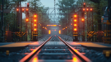 Automated Railway Check Point With Advanced Monitoring and Security Systems During Twilight Generative AIの素材