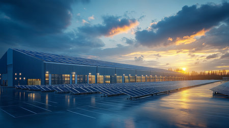 Sunset Over a Modern Warehouse With Solar Panels and Effective Logistics for Inventory Storage Generative AIの素材