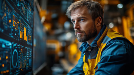 Warehouse Logistics Professional Analyzing Inventory Data on a Digital Interface During Peak Operational Hours Generative AIの素材