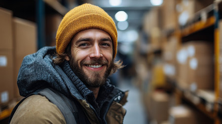 Smiling Worker in a Warehouse Surrounded by Stacked Boxes During a Busy Inventory Check Generative AIの素材