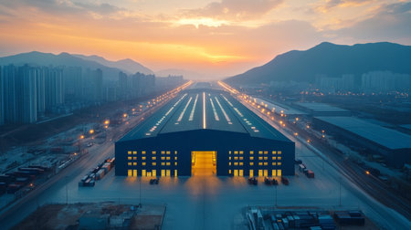 Modern Logistics Distribution Hub at Sunset Showcasing Efficient Inventory Storage and Organization in a Bustling Warehouse Environment Generative AIの素材