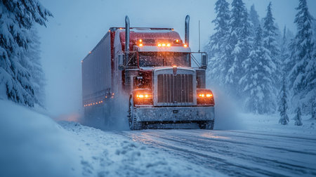 Heavy Truck Navigating Snowy Road in Winter Weather, Highlighting the Challenges of Logistics and Transport in Harsh Conditions Generative AIの素材
