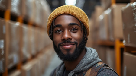 Efficient Worker in a Cargo Warehouse Smiling Among Stacked Inventory and Organized Storage Space During Daylight Hours Generative AIの素材