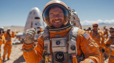 Exciting Space Mission Recovery as Astronaut Celebrates After Successful Landing and Booster Refurbishment in a Desert Location Generative AIの素材