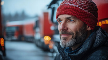 Logistics Worker Outdoors at a Distribution Hub During Winter, Surrounded by Trucks and Snow Generative AIの素材