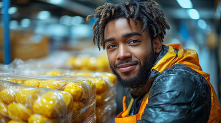 Worker in Logistics Hub Manages Inventory of Packaged Products in a Bustling Warehouse Environment During the Day Generative AIの素材