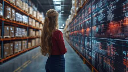 Warehouse Employee Analyzes Inventory Data in a Modern Logistics Center During Work Hours Generative AIの素材
