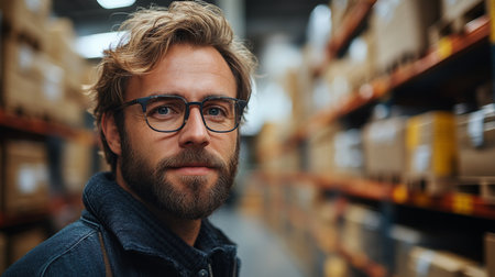 A Man Wearing Glasses Develops Innovative Inventory Management Solutions Tailored for the Fast Paced Environment of a Busy Warehouse, Utilizing the Power of Generative AI Technologyの素材