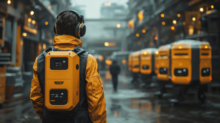 Logistics Worker Navigates a Bustling Warehouse Hub While Equipped With Modern Gear in a Rainy Atmosphere Generative AIの素材