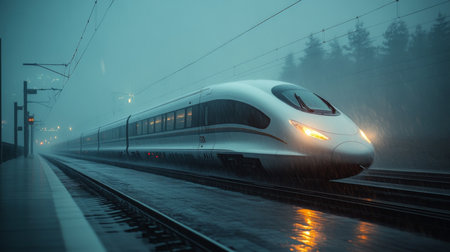 Modern Maglev Train Travels Through Heavy Rain in a Serene Railway Environment Showcasing Advances in Transportation Technology Generative AIの素材