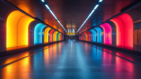 Colorful Subway Tunnel With Vibrant Lighting Creating an Urban Transit Experience at a Metro Station Generative AIの素材