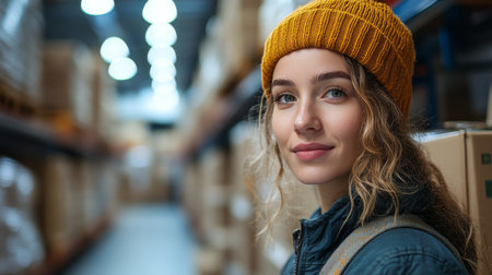 Efficient Worker in a Warehouse Showcasing Modern Logistics and Distribution Practices During a Busy Inventory Period Generative AIの素材