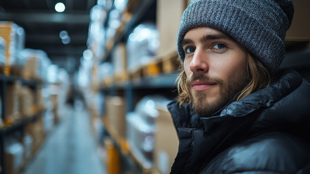 Warehouse Worker Sorting Inventory in a Large Logistics Center During a Busy Day of Fulfillment and Distribution Activities Generative AIの素材