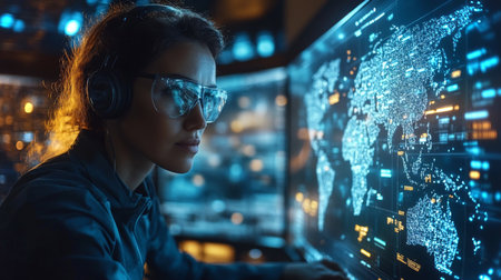 Logistics Professional Analyzing Global Distribution Data on Multiple Screens in a High Tech Control Center Generative AIの素材