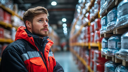 A Dedicated Warehouse Worker is Meticulously Assessing the Inventory in an Expansive Distribution Center During the Daytime Hours, Utilizing Advanced Generative AI Toolsの素材
